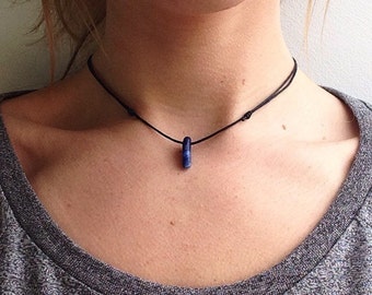 Hunters Choker; Bright blue lapis lazuli crystal choker, beaded gemstone necklace with adjustable black cord by Serenity Project
