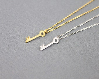 Gold /Silver Tiny Key Charm Necklace . Dainty and Simple Everyday Necklace . Birthday Gift