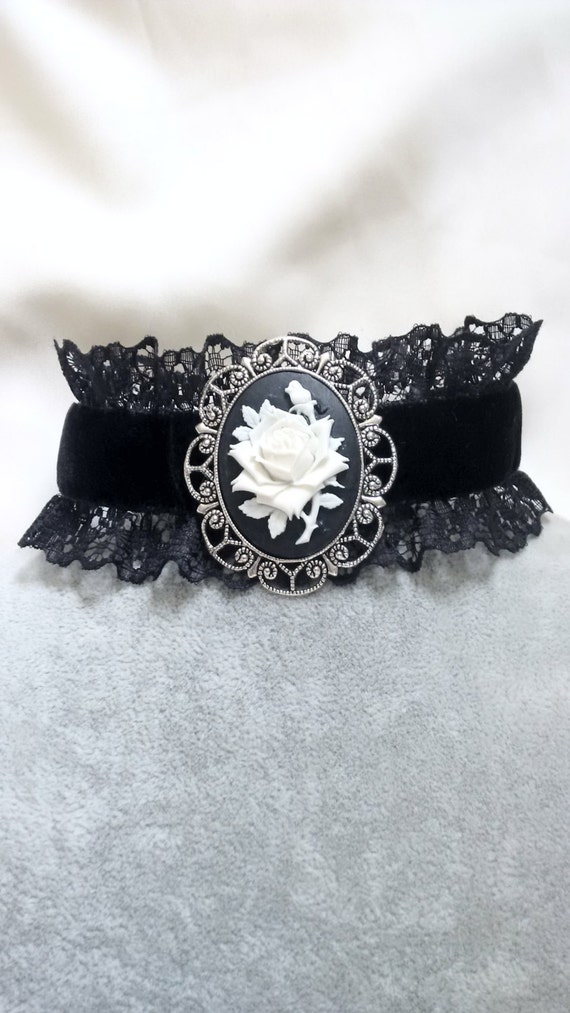 Necklace - Choker - Cameo - Rose Choker - Rose Cameo Necklace - Velvet Choker - Victorian Gothic Choker by BohemienneLily steampunk buy now online