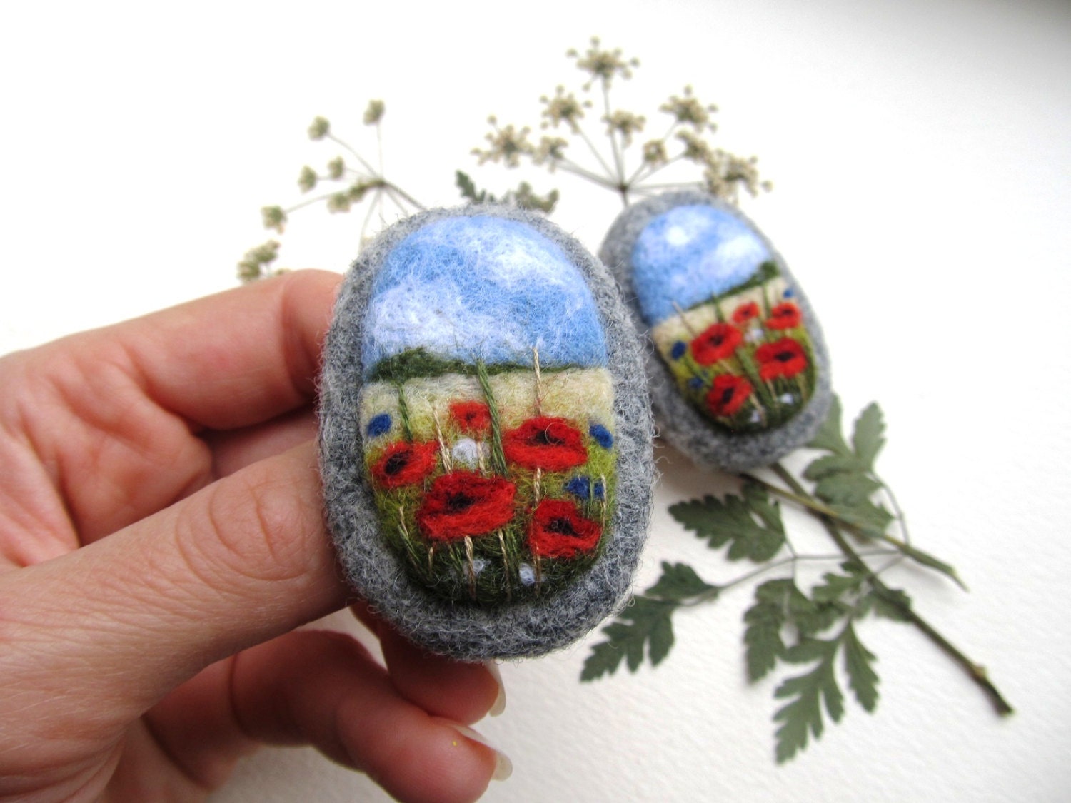 Needle felted brooch with embroidery Poppy brooch Wool felt