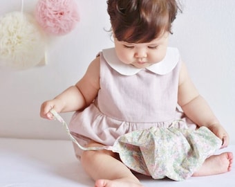 Baby Girl Romper, Pink Linen baby romper, Photography prop, Baby Bodysuit, Retro Classic Collar Romper, Birthday outfit, baby shower,