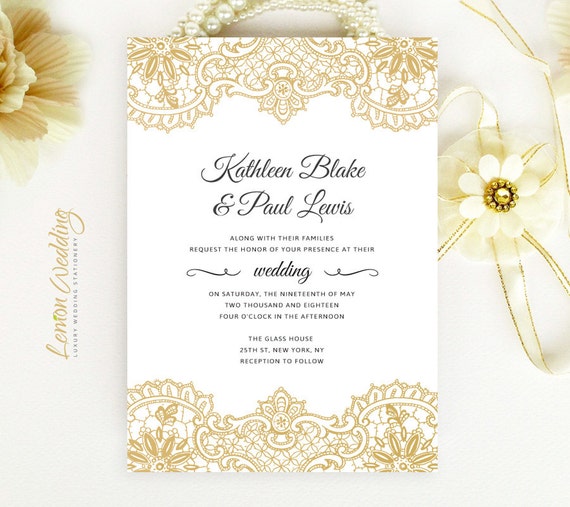 Gold lace wedding Invitation printed on shimmer cardstock