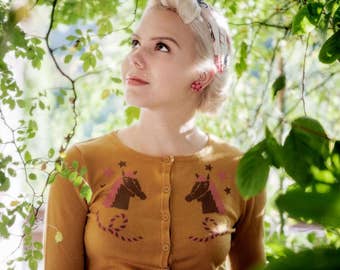 Horses Cardigan size S,M,L Sweater in Mustard Vintage inspired By MISCHIEF MADE