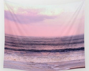 Tapestry - sunset tapestry, pink wall tapestry, ocean photo tapestry, beach tapestry wall hanging extra large art, boho purple tapestry wave