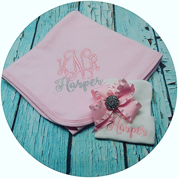 Baby blanket newborn hospital hats personalized monogram