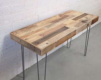reclaimed wood modern steel hairpin leg desk work table laptop station recycled metal small dorm large office beach house cabin