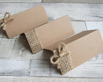 Handmade Recycled Kraft Place Cards With Hessian / Burlap And Jute Twine - Set of 25