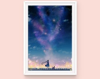 Sailor Moon and Luna Poster, Usagi Tsukino and Luna, Sailor Moon Cityscape, Moon Kingdom, Sailor Moon Poster