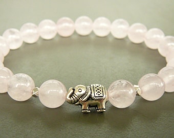 Rose Quartz Bracelet, Elephant Bracelet, Women Beaded Bracelet, Natural Rose Quartz bracelet, White stretch bracelet, Natural Stones