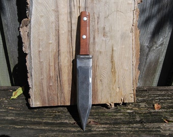 Hand forged knife, Arkansas Toothpick style knife, Farriors file knife, Hand forged knife. Antique wood handle, Hand sewn sheath.