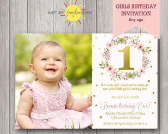 Custom Printable Photo Girl Birthday Invitation Any Age 1st Birthday Floral Wreath Feathers Gold Pink