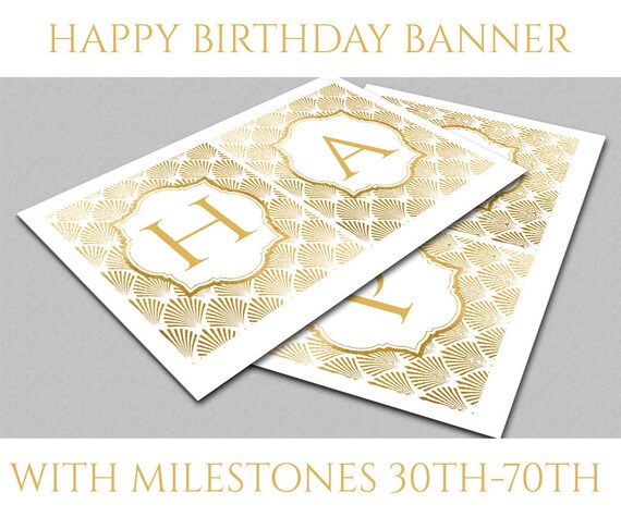 printable happy birthday banner gold foil 30th 40th 50th 60th happy 70th birthday banner