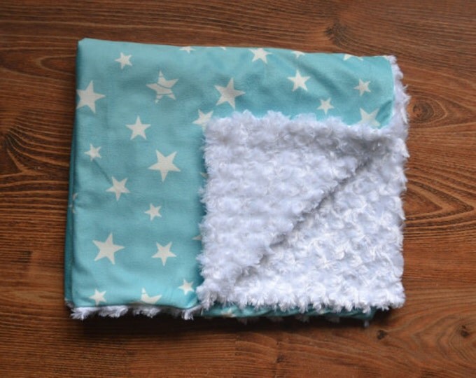 Turquoise baby blanket with Star Minky baby blanket Star throw swaddle blanket Star nursery Grey blanket unisex blanket star bedding