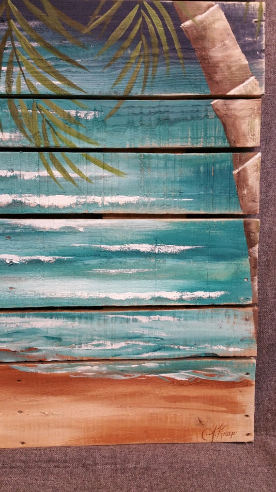 Beach Pallet art greenery Hand painted beach reclaimed wood