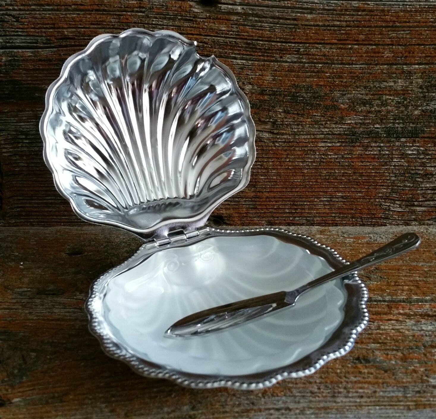 Vintage Silver Plate Clamshell with White Glass Dish Caviar