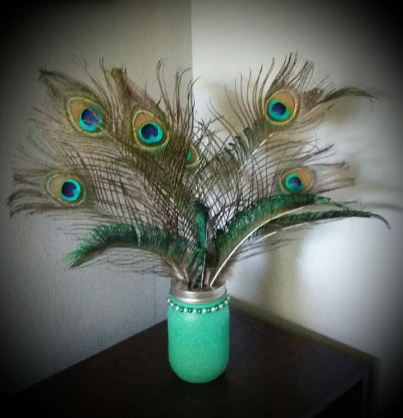 Peacock Mason Jar faux feather decoration