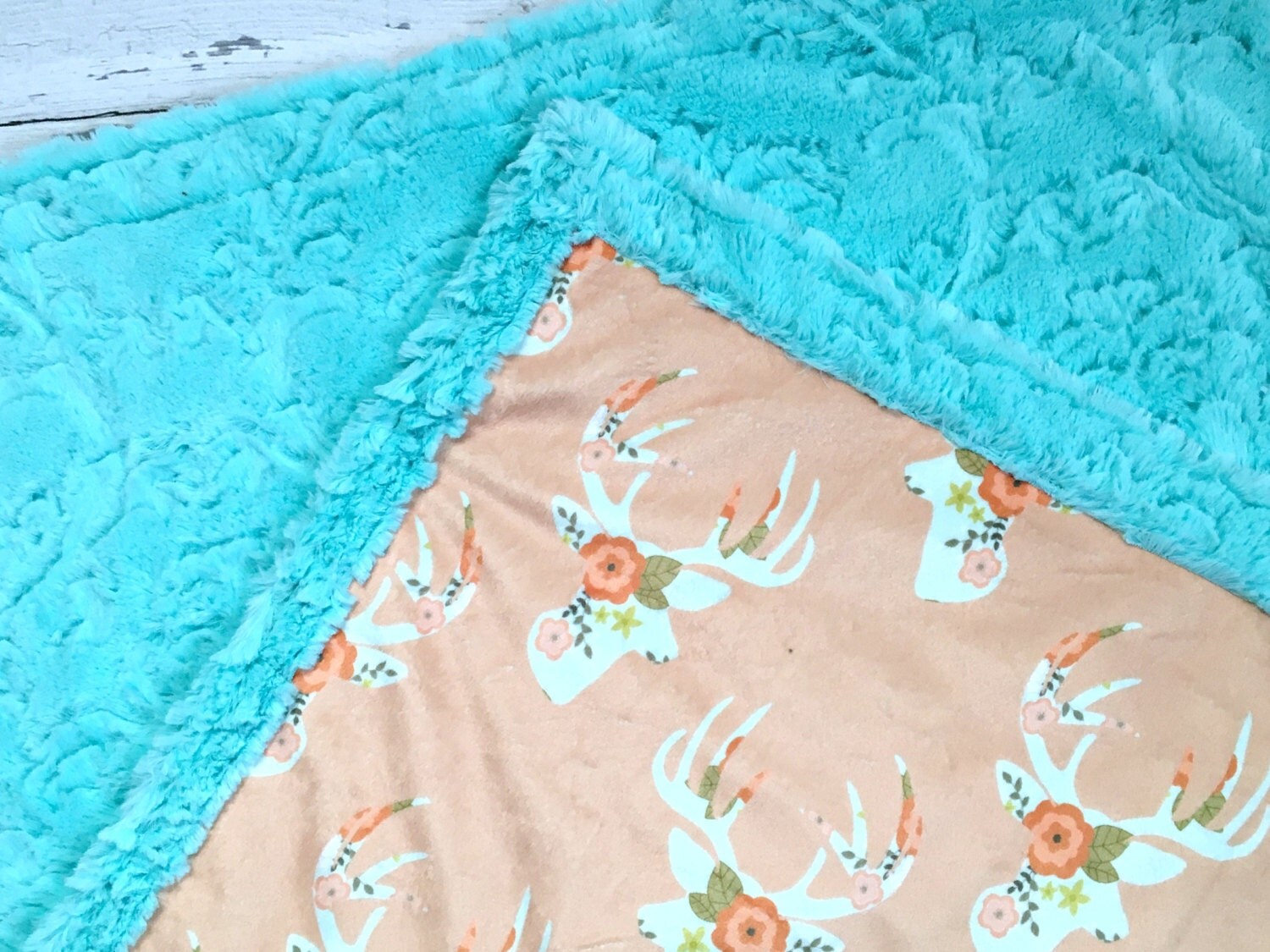 Minky Deer Baby Blanket Mint Floral Deeer Teal