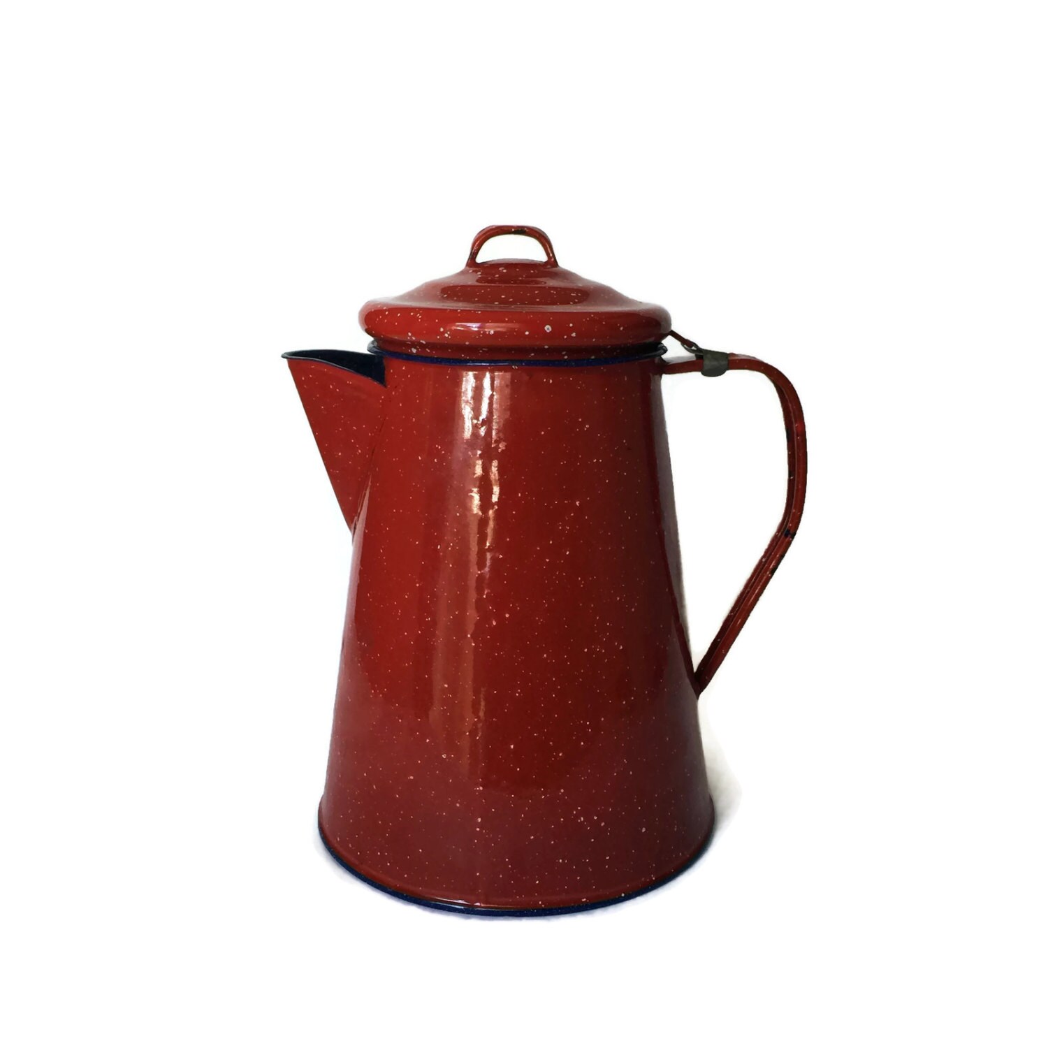Enamel Pitcher with Detachable Lid Speckled Red Blue Inside