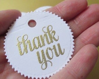 25 baby shower thank you tags, white and gold circle tags, favor tags, wedding tags, bridal tags, party favor tags, baptism favor tags