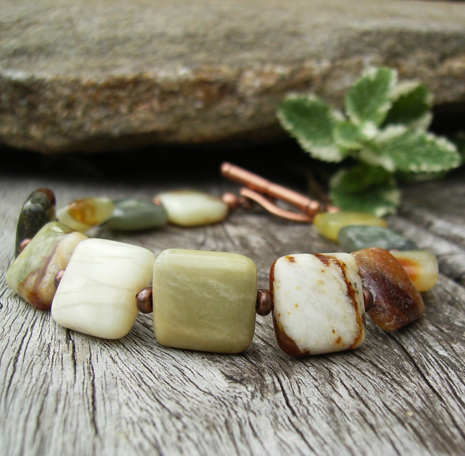 Flower Jade Bracelet Earthy Gemstone Square Beads Rustic