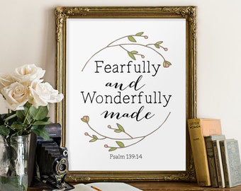 Bible verse wall art print, nursery wall art, fearfully and wonderfully made, psalm 139 14, bible verse, scripture print, bible quotes BD491