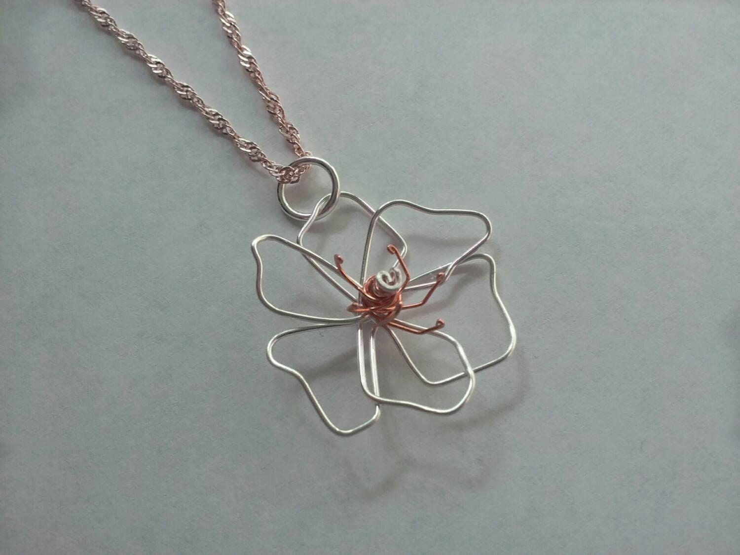 Wire flower necklace poppy necklace silver by TWhitfieldDesigns