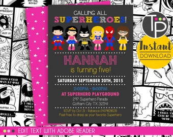 SUPERHERO Girl Invitation, INSTANT DOWNLOAD Superhero Invitation, Girl Superhero, Girl Superhero Invitation, Edit yourself with Adobe Reader