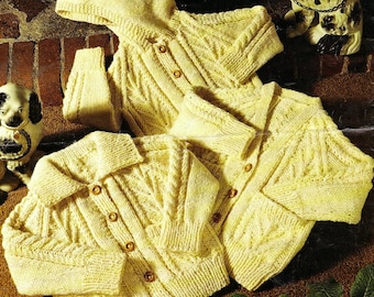 Instant PDF Download Vintage Row by Row Knitting Pattern for a Baby Childs Aran Cardigan Jacket Coat with V Neck,Collar or Hood Chest 20-28"