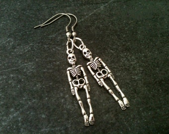 Skeleton earrings, skull earrings, halloween earrings, stainless steel hook, zombie jewelry, geek geeky geekery jewelry, goth