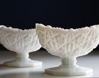 Vintage Toltec Pattern Milk Glass Footed Bowl Candleholders by Kemple, Pair