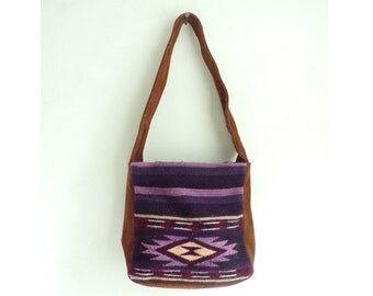 southwestern tapestry & suede bag, suede leather bag, purple tribal bag, 80s shoulder bag, 1980s handbag purse