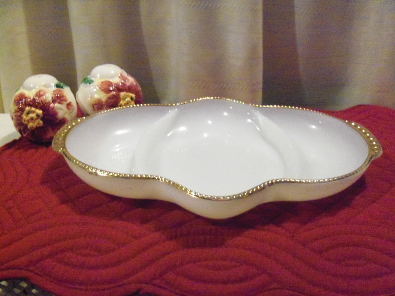 Fire King Milk Glass Divided Serving Dish Trimmed in Gold Haute Juice