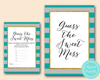 guess the sweet mess, dirty diaper, chocolate bar game, Gray and Teal Baby Shower Games, Baby Shower Activities TLC427