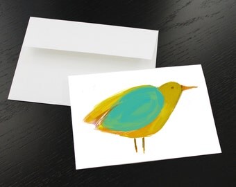 Lot de 3 cartes de souhaits "Oiseau jaune, turquoise, ocre". Format, une fois plié 5 x 7, intérieur blanc. Enveloppes comprises.