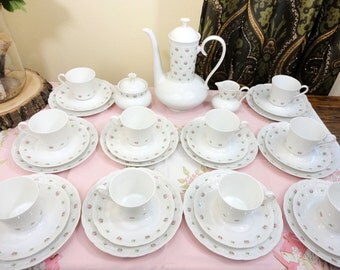 Rare Antique K&A Krautheim Selb Bavaria Germany - Rialto Shape - "Tornerose" Design - Dainty Pink Floral - Full Porcelain Coffee Set