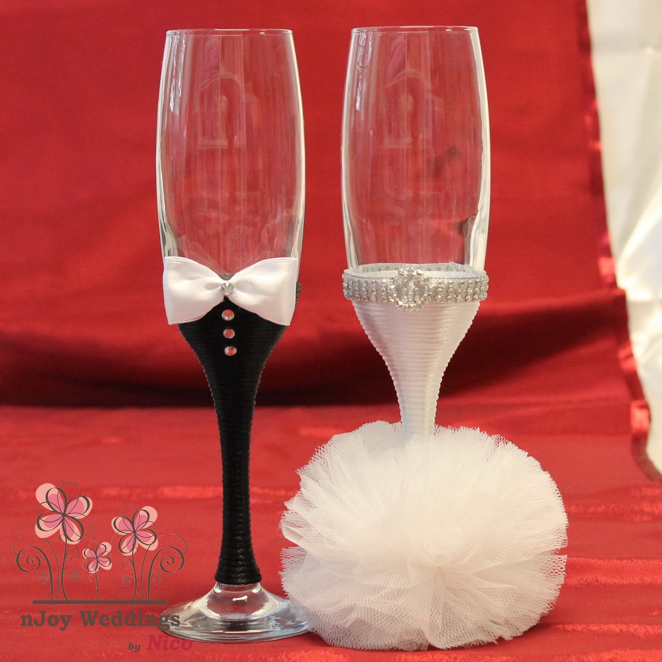 Set of 2 Wedding glasses bride groom champagne glasses for