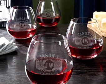 Personalized Stemless Wine Glasses Set of 4 - Marquee Design - Unique Personalized Wine Glasses - Cool Wine Lover Gifts for Dad and Mom