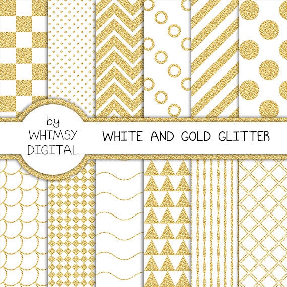 White and Gold Glitter Digital Paper with Checkers Scallops