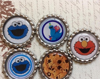 SET of 5 - Elmo and Cookie Monster Bottle Caps For Pendants, Hairbows Hair Bow Centers - Ready to use