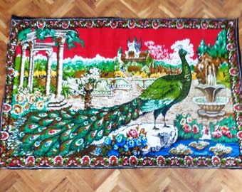Vintage Plush Wall Hanging Tapestry Rug, Old Plush Tapestry, Velvet Tapestry, Italian Landscape, peacock