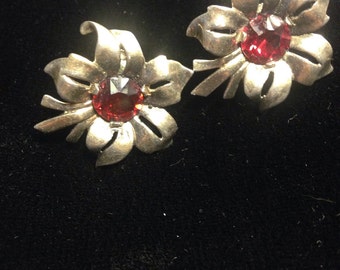 1940's Sterling & Red Glass Earrings