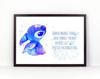 Lilo and Stitch, Ohana means family, Disney fan Art, Watercolor alternative poster, Watercolor Art, Nursery Print, Nursery Wall Art,