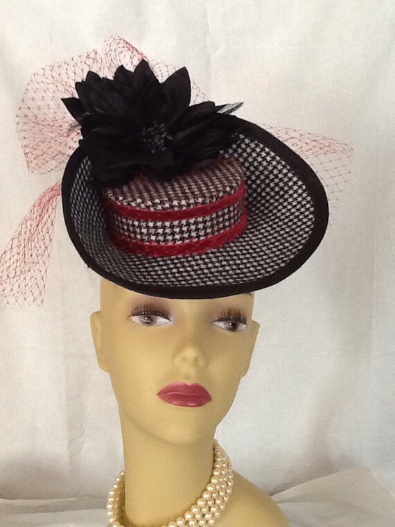 Houndstooth and cameo vintage look hat by FeathersFoamFabulous