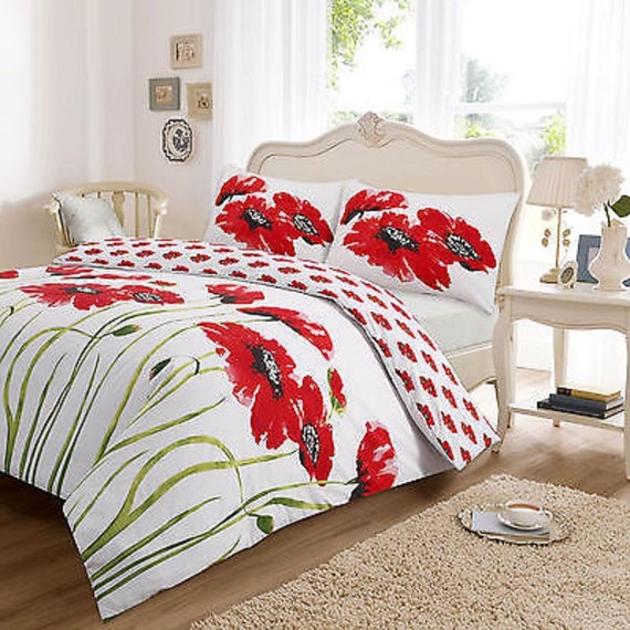 Poppy Red White Duvet Quilt Cover Pillow Case by TopStyleBedding