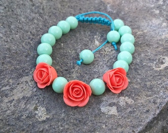 Coral and mint beaded bracelet Macrame bracelet Christmas gift Women bracelet Shamballa bracelet Mom gift Girlfriend gift Boho chic