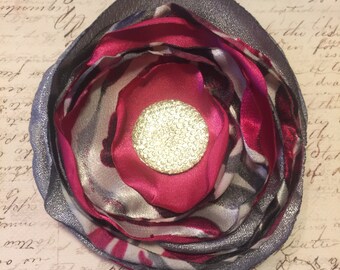 Hot Pink, Gray, & White Flower Hair Clip