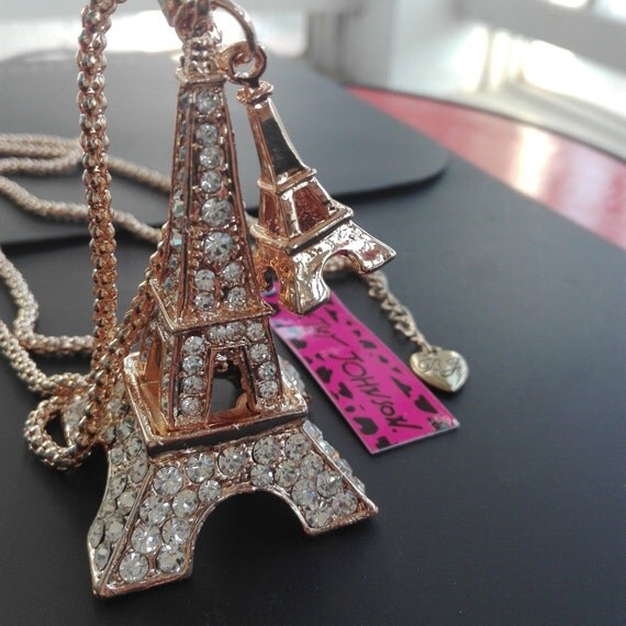 Eiffel Tower Necklace Gold Tone Rhinestone by CaliSistersCreate