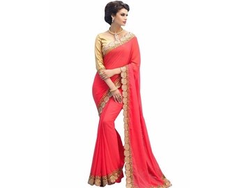 Coral Pink Indian Saree Bollywood Saree Indian Dress Bollywood Indian Fashion Georegette Saree Wedding Saree