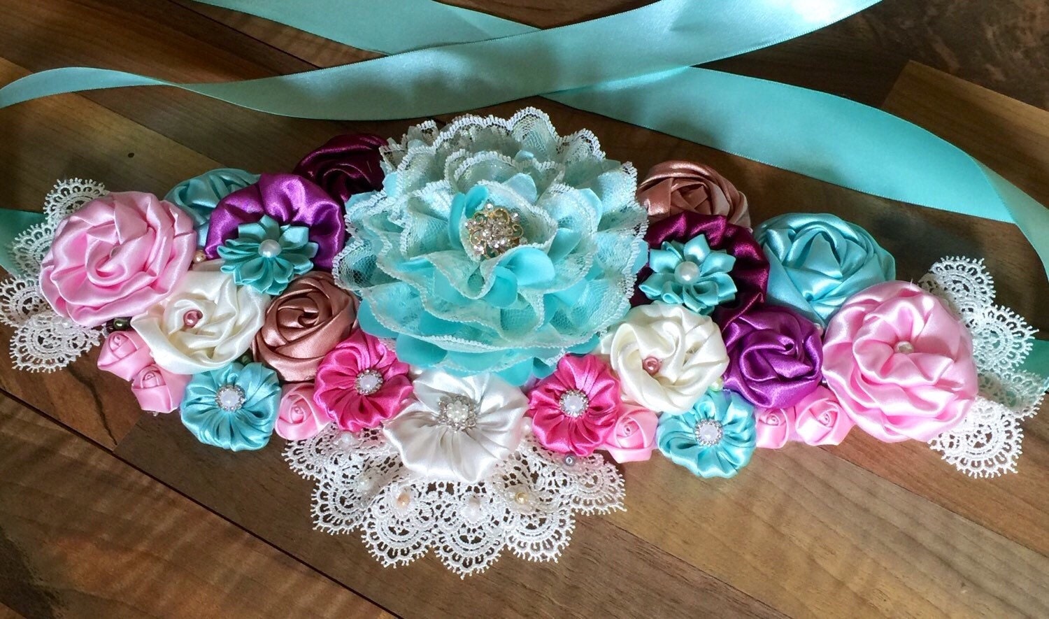 Mint Green Pink and Ivory Maternity Sash Pregnancy Sash