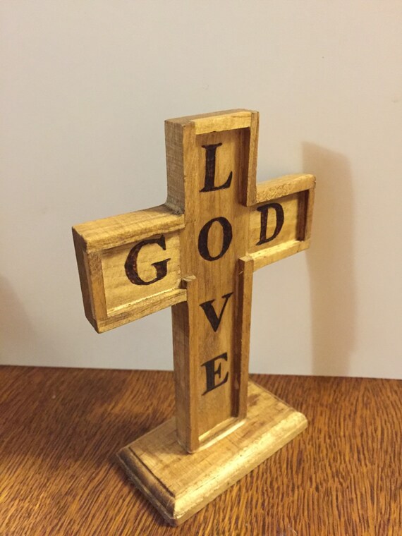 Rustic Wooden Cross Cross on Stand God/Love Engraved on